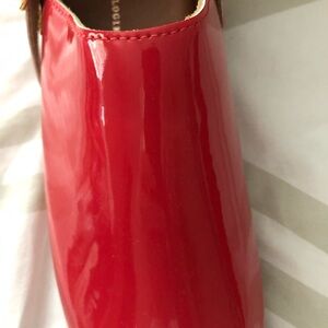 Anthropologie Red Patent Slip-On Mule with Gold Buckle